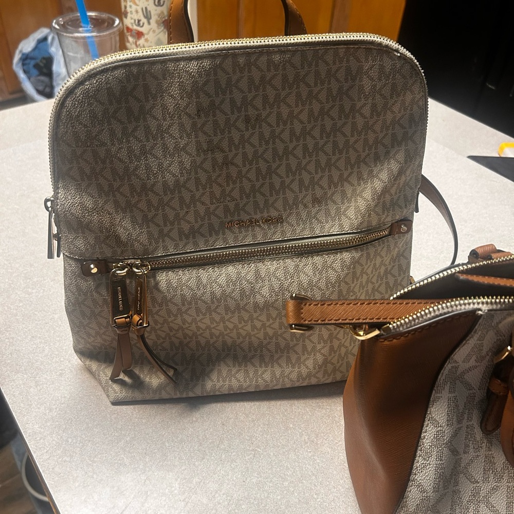 Michael Kors Beige and Brown Monogram Backpack